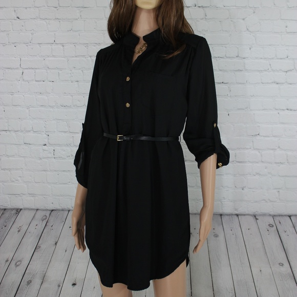 Xtaren Dresses & Skirts - Xtaren Black Belted long Sleeve Shirt Dress